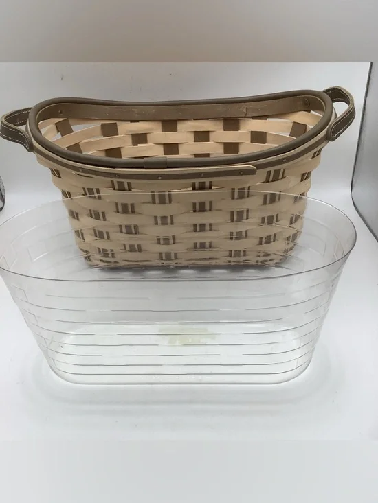 Longaberger Tan and Brown Woven Bicycle Basket with Leather Handles and Liner - Picture 7 of 10